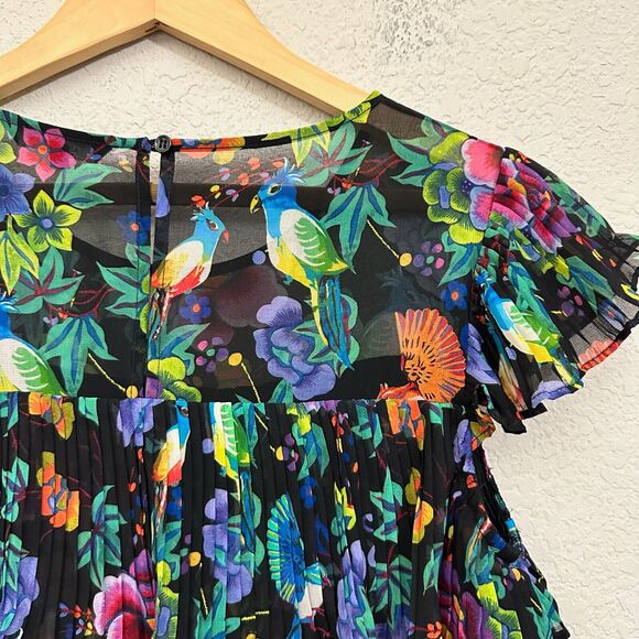 NWOT TARA JARMON Chiffon Pleated Tiered Dress in Multi Floral & Bird Print - Picture 10 of 15